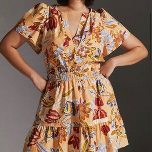 Anthropologie Floral Print Mini Dress in Orange and Blue